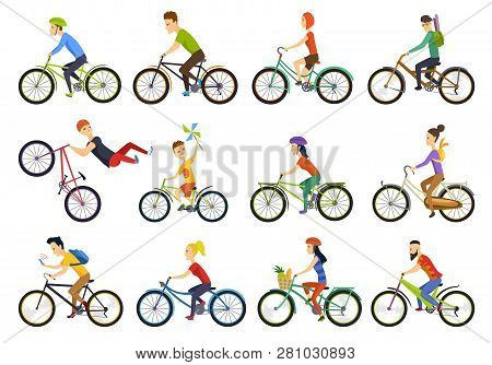 Group Of Tiny People Riding Bikes On City. Bike Types And Cycling Sign Set. Man, Woman, Kids. Thin L