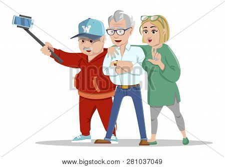 Set Of Cheerful Senior People Hipsters Gathering And Having Fun. Group Of Senior People Taking Selfi