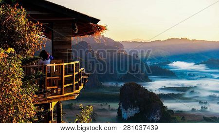 Phu Langka National Park, The Landscape Of Misty Mountains And At Sunrise, Phayao Thailand . Lifesty