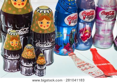 Kuleshovka, Russia - 13 December 2018: Matryoshka Coca-cola Bottles In Museum
