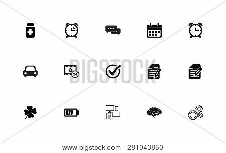 Simple Set Of General Icons: Check Mark; Drug; Pack With Pills; Allarm Clock ; Check Mark; Dialog; C
