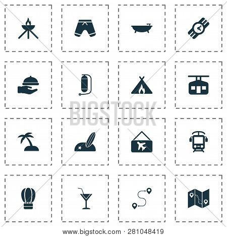 Journey Icons Set With Grill, Route, Oxygen Cylinder And Other Ropeway Elements. Isolated Vector Ill