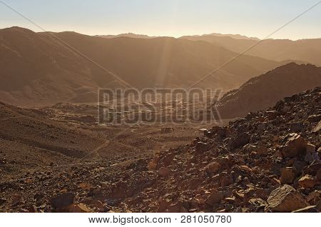 Valley With Small Village Between High Mountains. View From Mount Sinai (mount Horeb, Gabal Musa). S