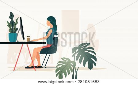 A Casual Women Working At A Desk In A Office Using A Comptuer. People Vector Illustration