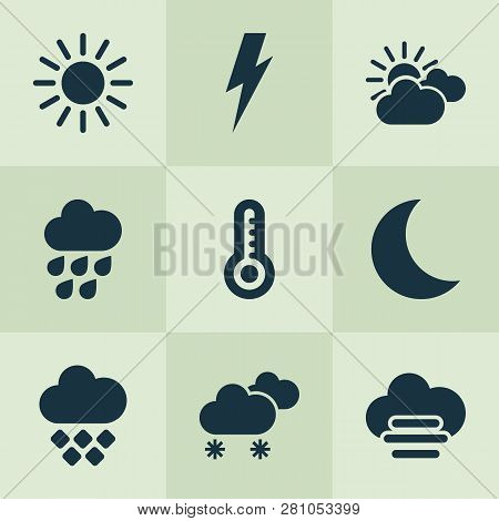 Air Icons Set With Night, Sunset, Thunderstorm And Other Synoptic Elements. Isolated  Illustration A
