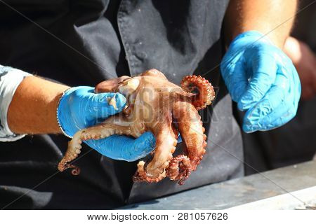 Cook Cleans And Prepares An Octopus For Cooking On The Grill