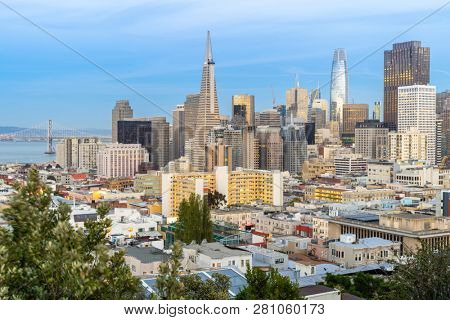 San Francisco downtown skyline Aerial view at sunset from Ina Coolbrith Park Hill in San Francisco, California, USA.