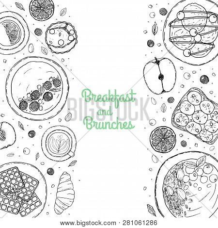Banner Of Breakfast And Brunch Ingredient Top View. Food Elements Collection. Hand Drawn Vector Illu