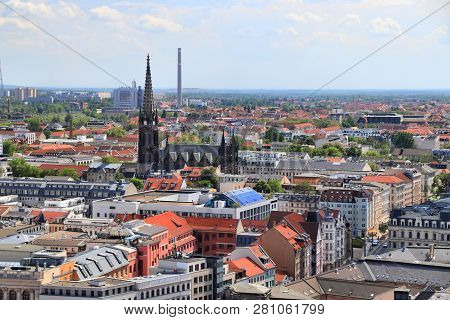 Leipzig City Skyline, Germany Aerial View. Cityscape With Zentrum And Sudvorstadt District.