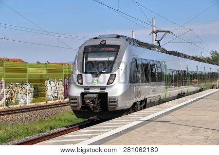 Leipzig, Germany - May 9, 2018: Electric Public Transportation Train Of S-bahn Mitteldeutschland. Th