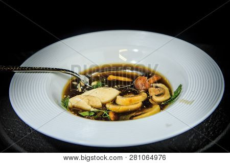 Closeup Delicious Vegetarian Soup With Mushrooms