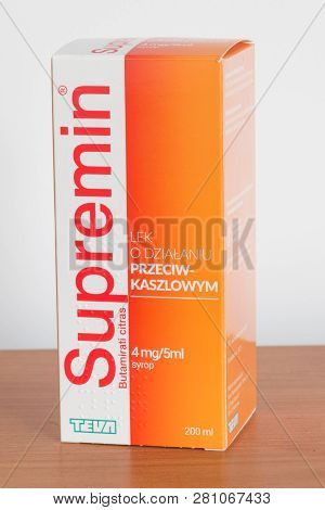 Pruszcz Gdanski, Poland - January 26, 2019: Supremin Syrup For The Symptoms Of Cough On Wooden Table