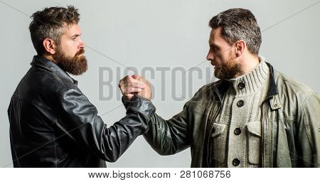 Strong Handshake. Friendship Of Brutal Guys. Leadership Concept. True Friendship Of Mature Friends. 