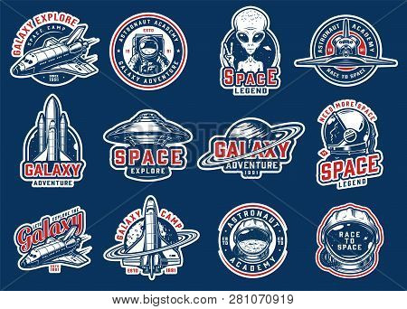 Vintage Colorful Space Badges Set With Shuttles Ufo Astronaut Saturn Planet Cosmonaut Helmet Moon Ex