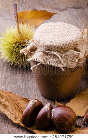 On The Rustic Table, With Autumn Colors, Spreadable Chestnut Jam, In The Glass Jar