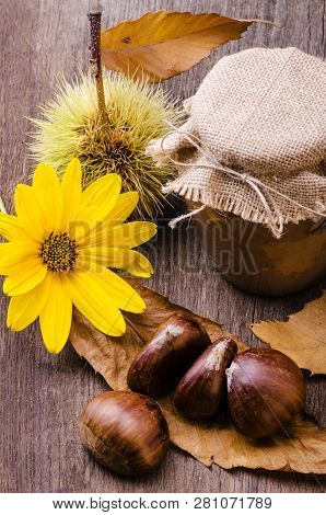 On The Rustic Table, With Autumn Colors, Spreadable Chestnut Jam, In The Glass Jar