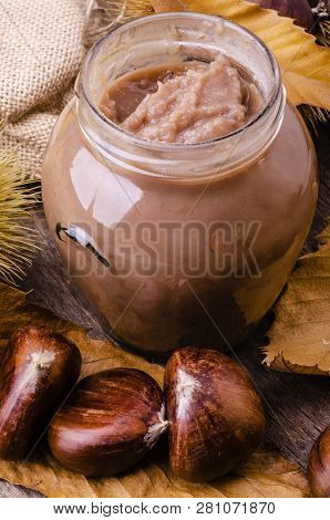 On The Rustic Table, With Autumn Colors, Spreadable Chestnut Jam, In The Glass Jar