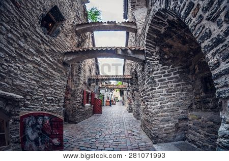 Estonia, Tallinn - May 17, 2016: Old Town Street. Distortion Perspective Fisheye Lens