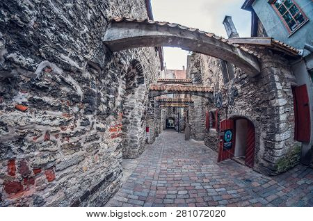Estonia, Tallinn - May 17, 2016: Old Town Street. Distortion Perspective Fisheye Lens
