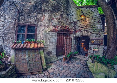 Estonia, Tallinn - May 17, 2016: Old Town Street. Distortion Perspective Fisheye Lens