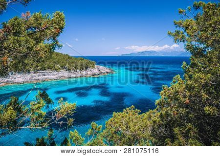 Dafnoudi Beach In Kefalonia, Greece. Fascinating Clean Turquoise Sea Water Color. Stunning Charming 