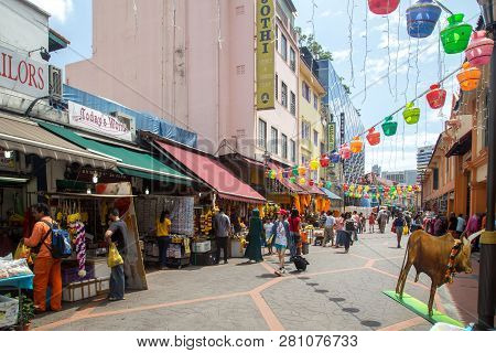 Singapore, Singapore - January 31, 2015: Street With Shops In Little India, Which Is An Ethnic Distr