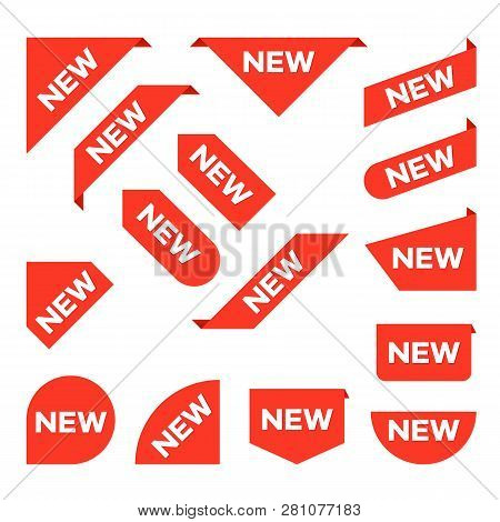 New Ribbons. Corner Banner, New Tag Labels And Present Buttons Vector Isolated Collection