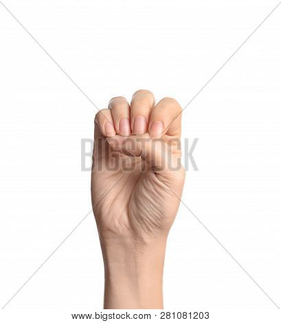 Woman Showing E Letter On White Background, Closeup. Sign Language