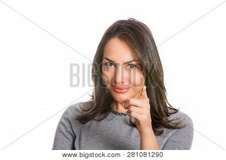Closeup Portrait Of A Beautiful Young Woman Thinking Or Having An Idea Isolated On White Background.