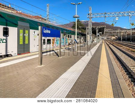 Luino, Varese, Italy - January 28, 2019: Trenord Locomotive At Luino Railway Station, Is A Border Ra