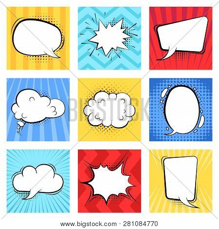 Retro Comic Backgrounds. Pop Colored Yellow Red Purple Retro Speech Bubbles With Halftone Vector Art