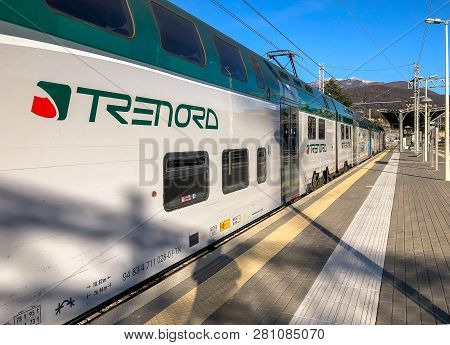 Luino, Varese, Italy - January 28, 2019: Trenord Locomotive At Luino Railway Station, Is A Border Ra