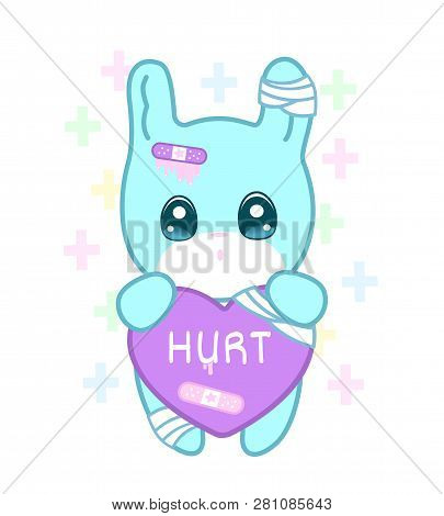 Suffering Rabbit With Injured Ear And Heart In Yami Kawaii Style