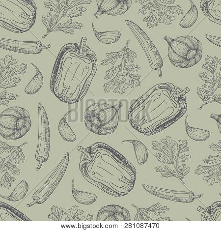 Vector Hand Drawn Seamless Pattern With Different Vegetables