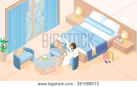 Leisure In Comfortable Hotel Room Isometric Vector Concept With Dress Lying On Bed, Shopping Packets