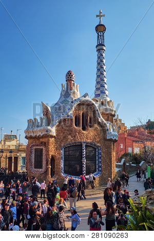 March 2017, Barcelona, Spain - Administration Office At The Entrance Of The Park Guell. Building Wit