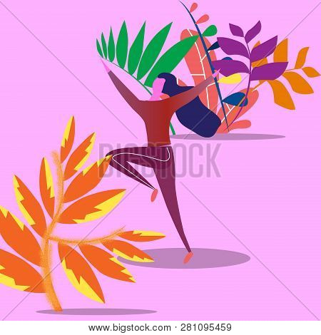 The Concept Of A Young Woman Jumping From The Emotion Of Happiness In A Park On A Plant Background. 