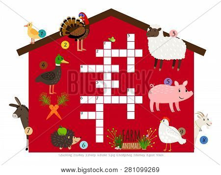 Farm Animals Vector Kids Crossword Template Isolated. Illustration Of Game Brainteaser For Children