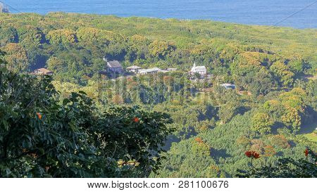 Long Shot Of The Two Historic Churches On The Road To Hana