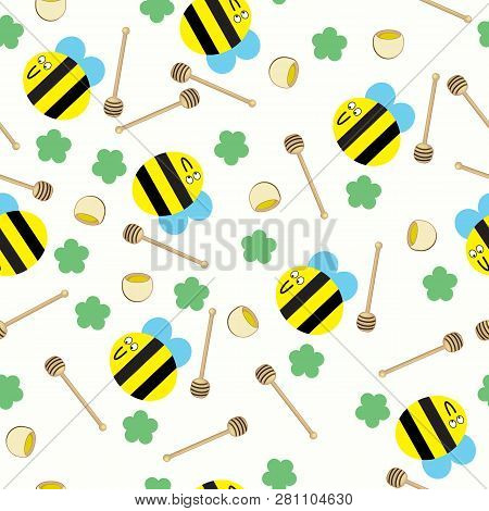 Happy Bee With Honey Comb And Honey Pot Seamless Pattern