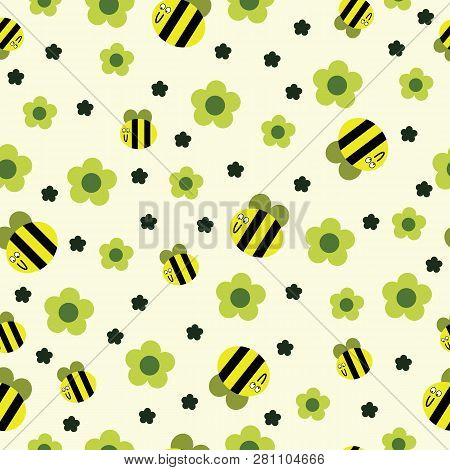 Funny Bee With Flower And Stars Seamless Pattern