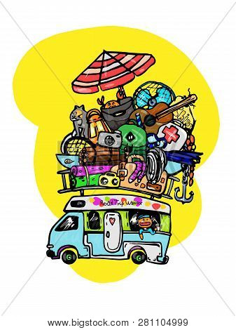 Van With Many Things For Camping On Top Of The Roof