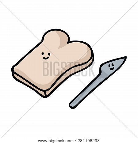 Slice Of Kawaii Toast Vector Breakfast Illustration Set. Hand Drawn Bread Knife For Morning Cute Car