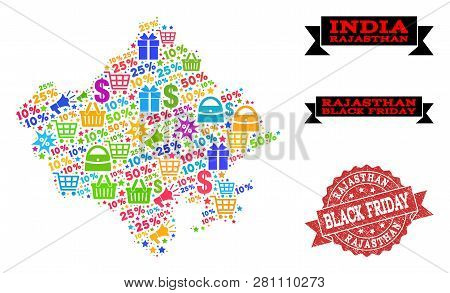 Black Friday Composition Of Mosaic Map Of Rajasthan State And Scratched Seal. Vector Red Imprint Wit