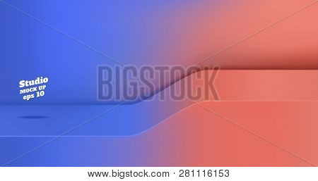 Vector,empty Blue Gradient To Vivid Coral Pink Studio Table With Slope Step Room Background ,product