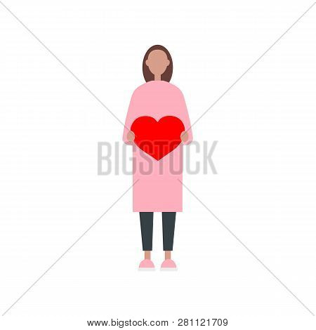 Int Valentines Day. Young Hispanic Character Holding A Red Heart. In Love. Flat Editable Vector Clip
