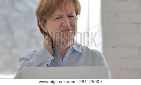 Neck Pain, Tired Old Woman Trying To Relax Body Qt Work