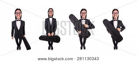 Man with violin case isolated on white