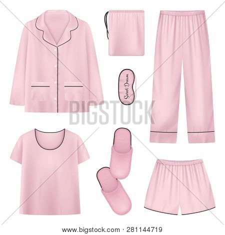 Pink And Isolated Realistic Sleepwear House Slippers Sleeptime Icon Set With Shirt Slippers Pants Ve