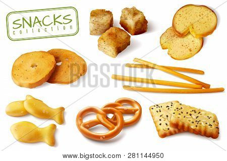 Croutons Crackers Pretzels Biscuits Crispy Bread Sticks Realistic Baked Snacks Appetizing Closeup Im